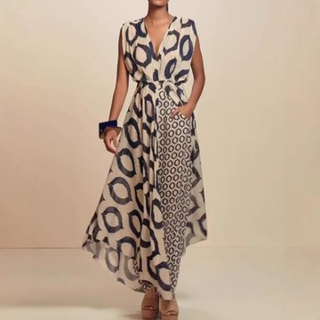 2024歐美外貿女裝氣質優雅印花無袖v領系帶上衣+修身長褲套裝