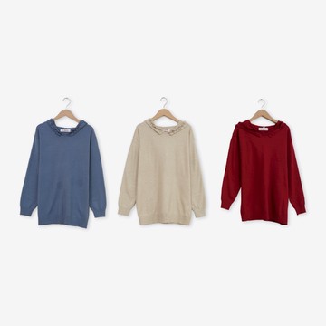 【CUMAR】可鹽可甜荷葉邊連帽休閒長版針織上衣 藍 紅 卡(魅力商品)