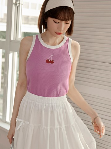櫻桃刺繡撞色滾邊短版合身背心上衣