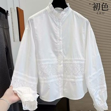 初色 韓版純色刺繡鏤空木耳邊立領排釦燈籠長袖寬鬆襯衫上衣女上衣-白色-19277(M-XL可選)