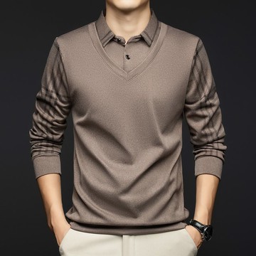 【秋冬新款 長袖Polo 工作服 寬鬆大碼 長袖t】春秋新款翻领高档衬衫两件男士T恤上衣长袖POLO休闲打底爸爸