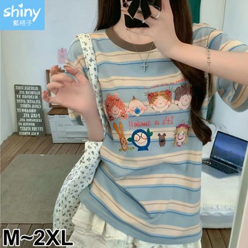 【V5086】shiny藍格子-趣味童心‧笑臉印花寬鬆條紋圓領短T
