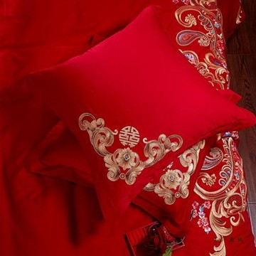 結婚大紅床上抱枕婚慶棉質繡花靠墊枕套中式紅色喜抱枕套含芯一對