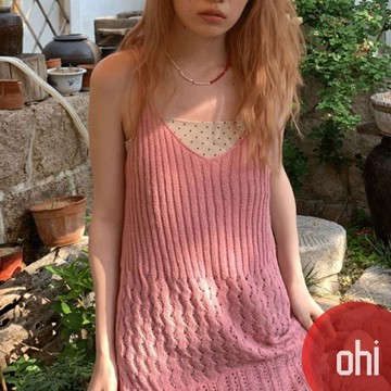 【ohi】粉色縷空疊穿針織吊帶背心裙 中長款吊帶連衣裙 連衣裙 連身裙 裙子 女裝 洋裝 GKD5652