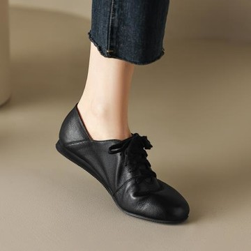 Tisdaini一鞋兩穿~黑色圓頭軟皮平底單鞋女春秋米白色休閑鞋1.5cm