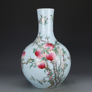 清雍正瓷器粉彩九桃天球瓶仿古瓷器花瓶