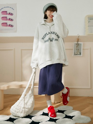 針織輕磨毛鬆緊腰抽繩後開衩中長裙