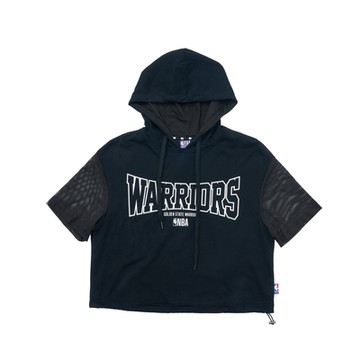 NBA 女款 連帽 落肩 拼接網布 短袖上衣 勇士隊-黑色-3452100120