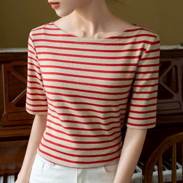 設計所在 專注內搭系列 中袖條紋T恤撞色棉一字肩收腰上衣(2色 S-3XL可選)