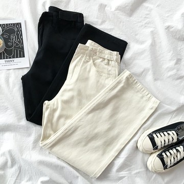 春裝新款牛仔褲女直筒寬松韓版高腰闊腿褲學生收腰顯瘦設計感