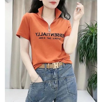 2025夏季新款短袖立領t恤女修身顯瘦百搭拉鏈字母體恤上衣小衫潮T