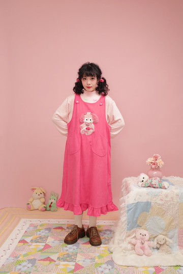 昭和少女 小狗玩偶燈芯絨連身裙