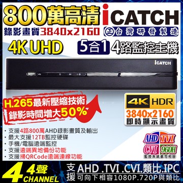 KMQ-0425EU-K 可取 iCatch 4路監控主機 8MP 800萬 手機遠端 5MP 1080P H.265 台灣製 DVR 帝網KingNet