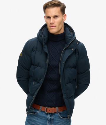 Superdry Men's Everest Short Hooded Puffer Jacket Navy Size: L