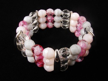 粉色系桃紅捷克玻璃手鍊 三圈串珠彈性手鍊 飾品