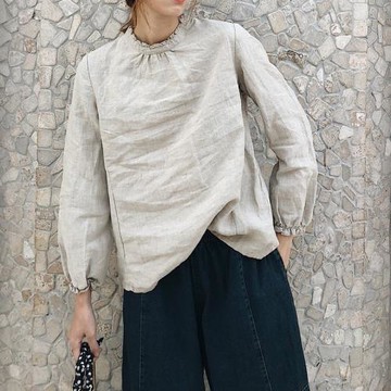 2025秋冬新女日系大碼立領木耳邊大碼學院風亞麻長袖棉麻打底襯衫