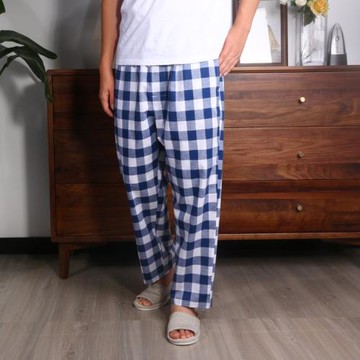 睡褲男夏季九分褲薄款空調居家褲格子男士春秋寬松休閑棉麻家居褲