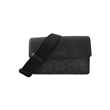 COACH 黑灰C LOGO PVC拼接素面皮革上翻蓋斜背男包/迷你郵差包