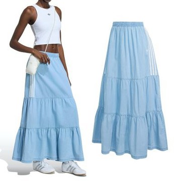 Adidas Denim Skirt 女款 淺藍色 牛仔 丹寧 休閒 穿搭 蛋糕裙 長裙 KY8113