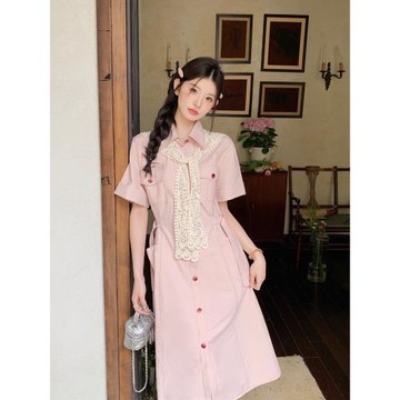 粉色甜美減齡顯瘦披肩襯衫裙女夏新款收腰休閑小個子polo領連衣裙