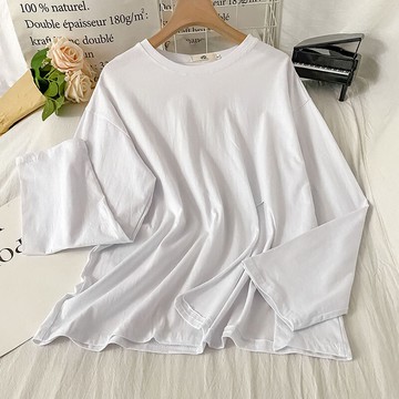 純棉長袖白色t恤女早秋新款開叉設計感原宿港風打底衫上衣潮