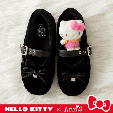 Ann’S X Sanrio三麗鷗 HELLO KITTY 聯名 柔軟純羊毛 寬版舒適軟墊蝴蝶結平底瑪莉珍娃娃鞋-黑