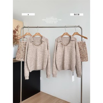 冬季穿搭一整套高級感千金感polo領厚實慵懶風毛衣+亮片高腰半裙