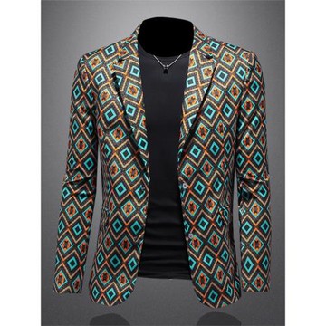 歐洲站春季小西裝男士潮流個性印花修身休閑西服青年百搭大碼外套