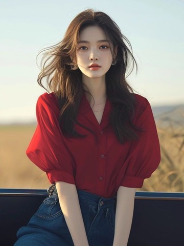 夏季女裝 韓版 顯瘦穿搭 夏季新款 法式 獨特別緻小衫 洋氣 減齡 絕美 高級感 氣質 紅色燈籠袖襯衫