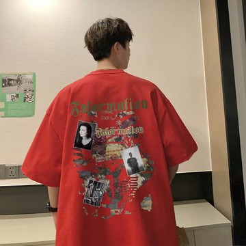 本命年紅色t恤男純棉短袖夏季重磅上衣ins港風潮流復古寬松體恤衫