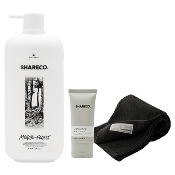 SHARECO 台灣公司貨 日常沐浴組 木曜森林沐浴膠 + 黑色純棉短浴巾＋潔面乳體驗  1套