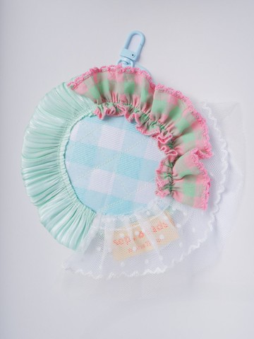 雙面花邊隨身鏡/ 鑰匙圈/ 藍綠格子、粉色