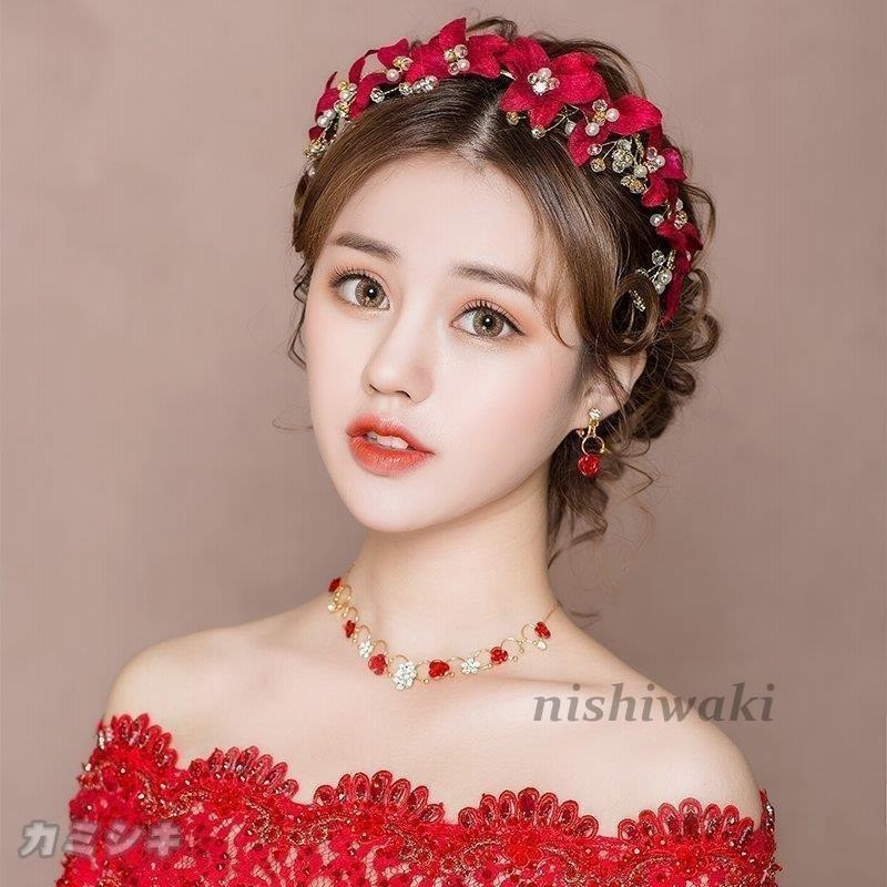 tiara ティアラ クラウン ネックレス ピアス イヤリング 3点セット 髪飾り 花嫁 赤 二次会 ウェディング ヘッドドレス ブライダル パーティー アクセサリー 通販 LINEポイント最大GET LINEショッピング ブライダルヘッドドレスピアス イヤリングネックレス3点セットヘアアクセサリー