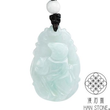 【漢石齋】天然翡翠A貨 靈猴獻桃玉佩吊墜 藍水種(21*32*5mm)