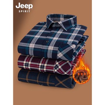 (免運)吉普格子加絨襯衫男士2026冬季加厚保暖中年休閑打底衫爸爸裝襯衣