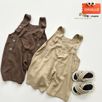 【韓系森系】兒童揹帶褲 寶寶揹帶褲 七分褲 休閒褲 夏季童裝 亞麻棉材質 透氣舒適 男女寶寶通用 韓版設計