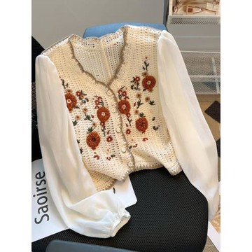 清倉撿漏~春秋復古刺繡針織開衫女設計感小眾假兩件長袖襯衫上衣