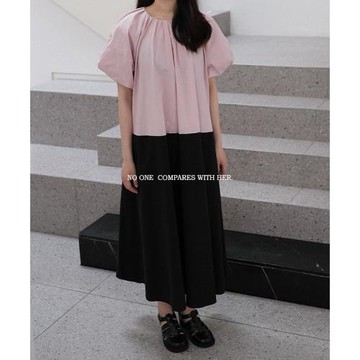 與她小眾原創設計 夏拼接純色棉寬松法式襯衫泡泡袖過膝長連衣裙