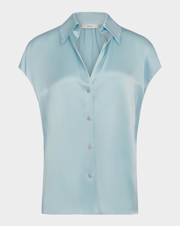 Cap-Sleeve Ruched-Back Silk Blouse