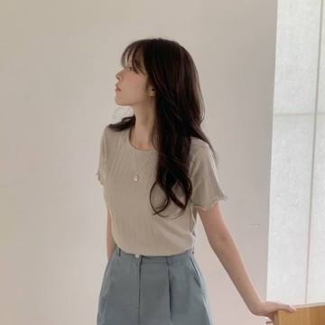 正韓製涼絲壓紋荷葉邊上衣 tee 2色 / cherrykoko 韓國網拍代購 短袖 圓領 荷葉邊 坑紋 羅紋 T恤