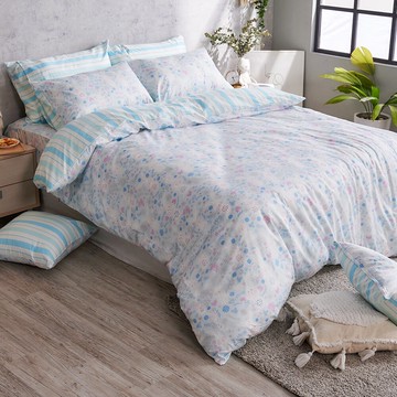 戀家小舖 100%精梳棉 床包 / 雙人加大【花間小兔-藍】含兩件枕套 60支精梳棉 台灣製