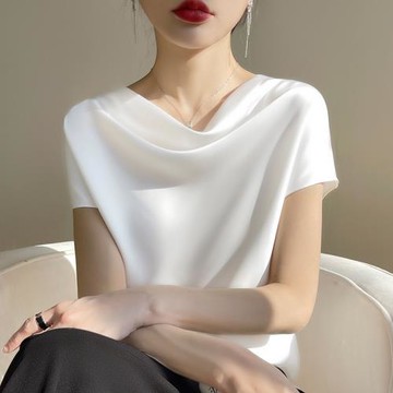 蕩領真絲短袖女T恤衫2023夏季寬松堆堆領襯衣重磅桑蠶絲短袖上衣
