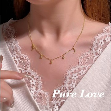 Pure Love樂芙 / 正韓 鈦鋼【316L醫療鋼】G01092星月水鑽流蘇鎖骨鏈 短項鏈 / 金