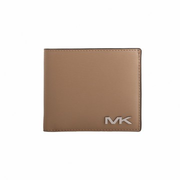 MICHAEL KORS 銀字MK 水波紋皮革8卡對折短夾(奶茶杏)