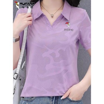 啄木鳥冰絲短袖t恤女2025新款夏季媽媽裝速干翻領女士polo衫上衣