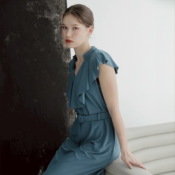 涼感系列｜V字立領浪漫荷葉腰帶無袖洋裝 #D00052