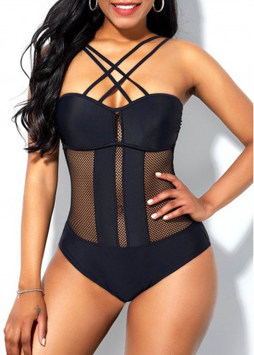 Tie Back Mesh Patchwork Criss Cross Front One Piece Swimwear