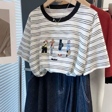 🌈ATC✨雪花棉大碼圓領撞色繡花上衣女 夏季薄款顯瘦 韓系寬鬆 百搭針織上衣