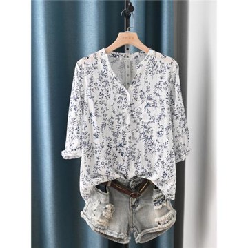 夏季新款復古氣質V領輕薄棉質七分袖襯衫 文藝范寬松大碼女士上衣