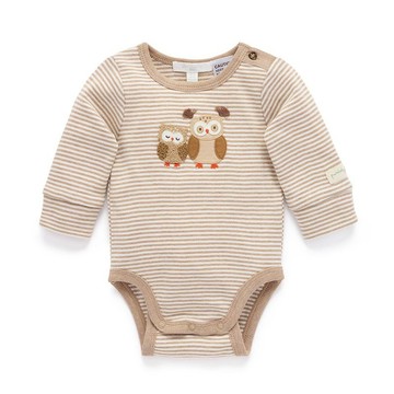 澳洲Purebaby有機棉嬰兒長袖包屁衣 6M-1T 米色貓頭鷹